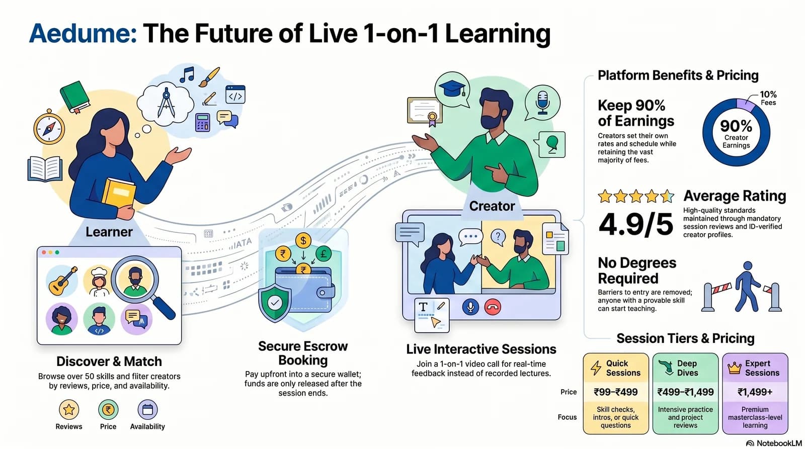 How Aedume works: learners discover and match with verified creators, book sessions with secure escrow payments, and learn live 1-on-1 — with creators keeping 90% of earnings, a 4.9/5 average rating, and session tiers from ₹99 to ₹1,499+.